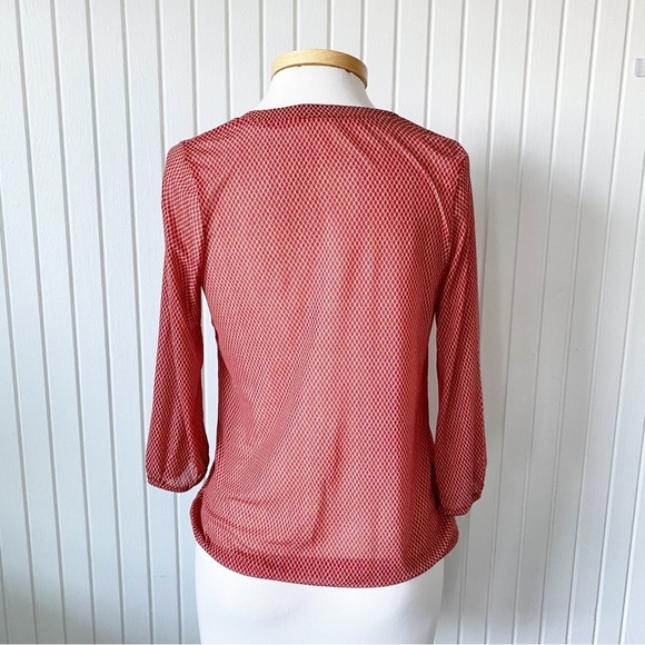 The Limited Orange Red Pattern Blouse Top 70s Look See-Through 3/4 Sleeve Sz XS - Picture 6 of 13